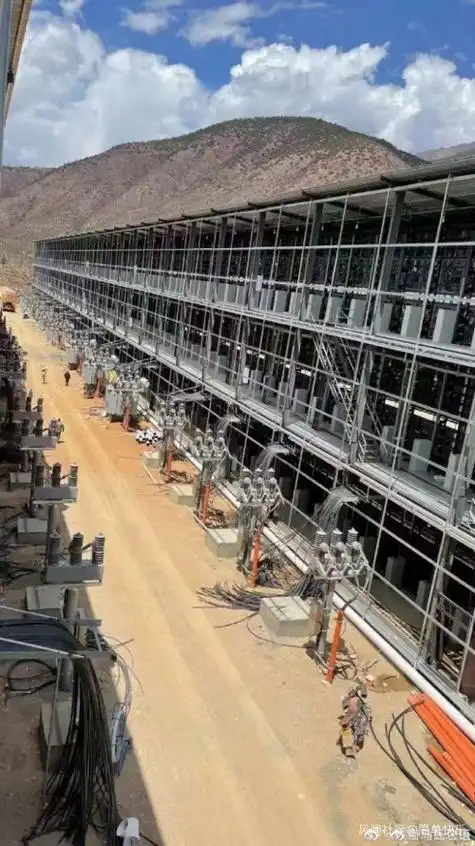An expansive mining farm in Germany, showcasing rows of hosted mining rigs for various cryptocurrencies