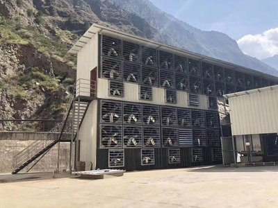 A bustling mining farm in France, showcasing rows of efficient mining rigs optimized for cost-effective operations